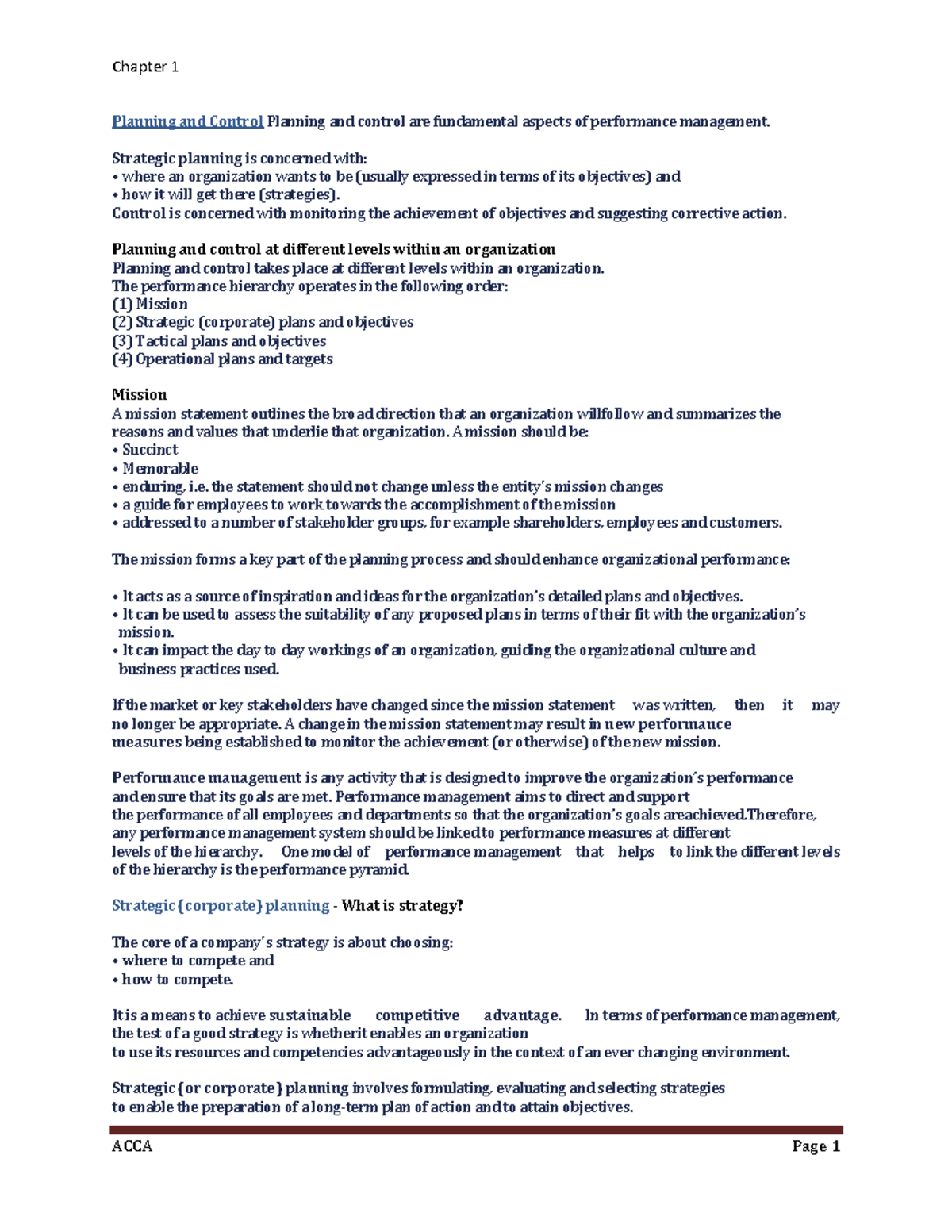 Strategic Planning and Control in Performance Management - APM Notes ...