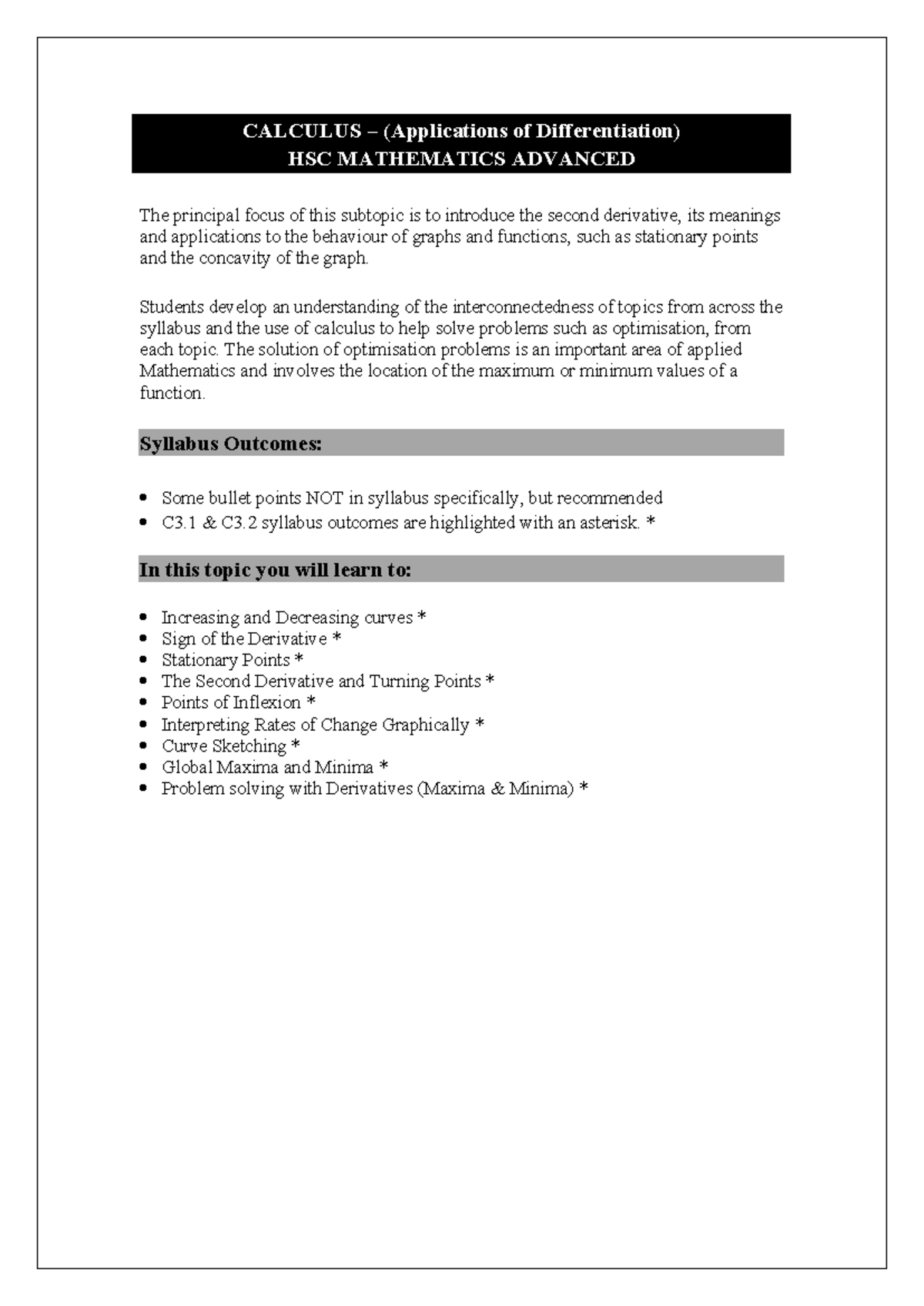 CALCULUS HSC MATHEMATICS ADVANCED: Applications of Differentiation ...