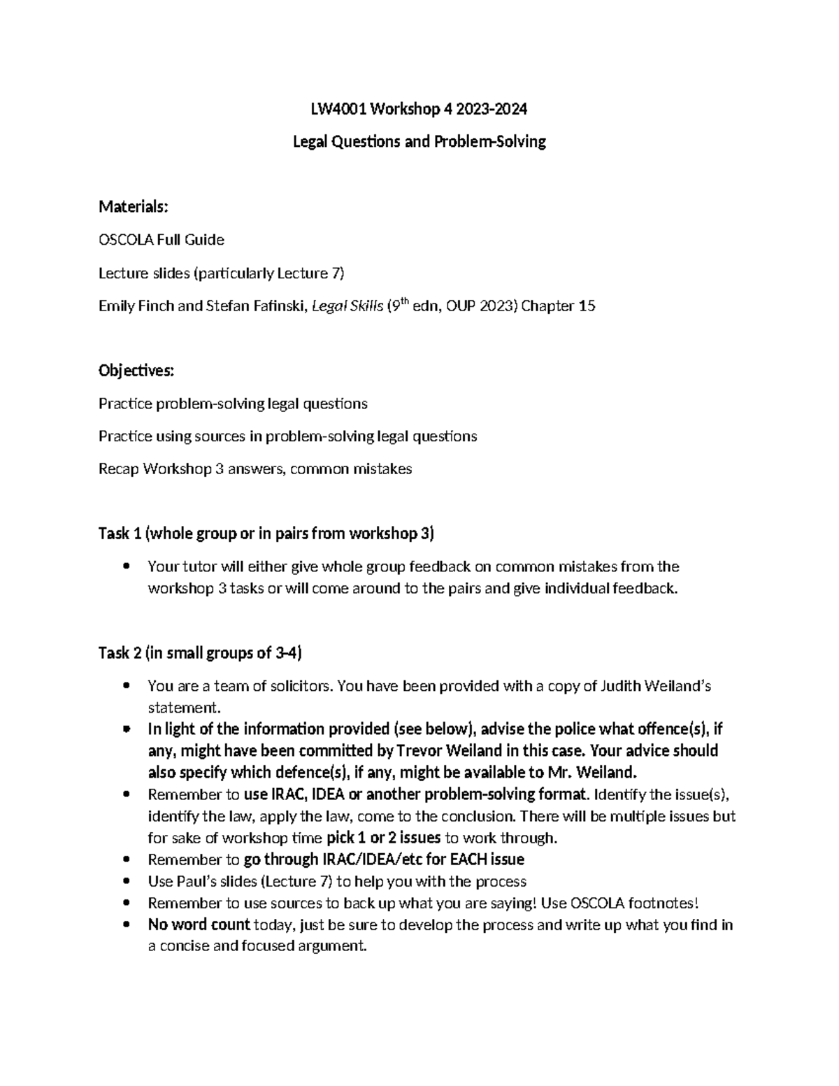 LW4001 Workshop 4 Legal Questions: OSCOLA Guide & Case Analysis - Studocu