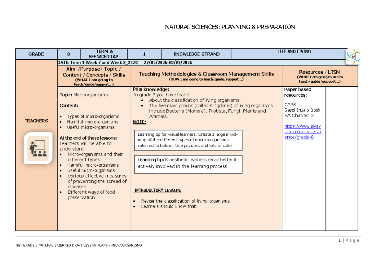 Grade 8 Natural Sciences Lesson Plan: Microorganisms (T1 W7 & W8) - Studocu
