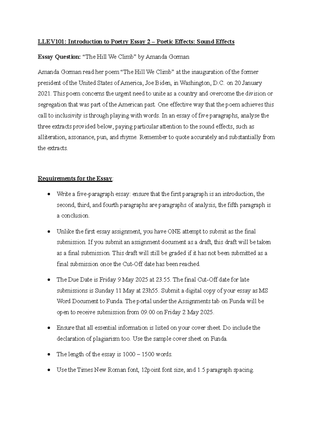 LLEV101 Intro to Poetry Essay 2: Sound Effects in 