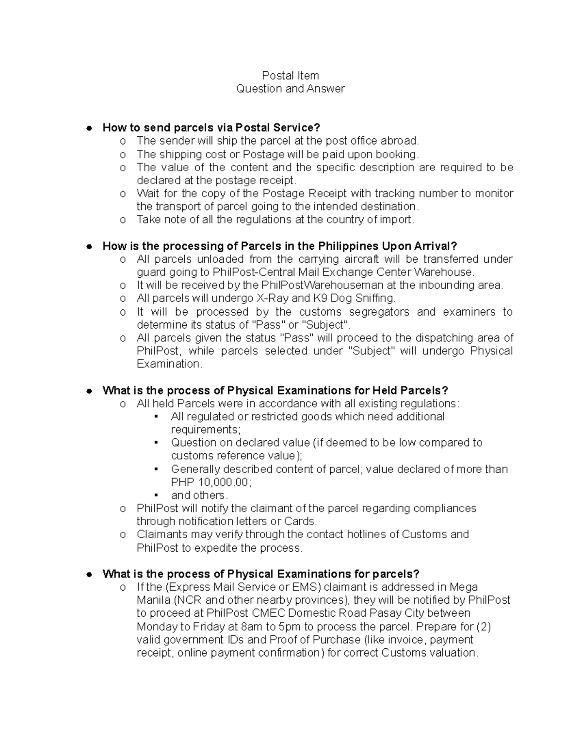 Postal Service Guidelines for Sending and Processing Parcels - Studocu