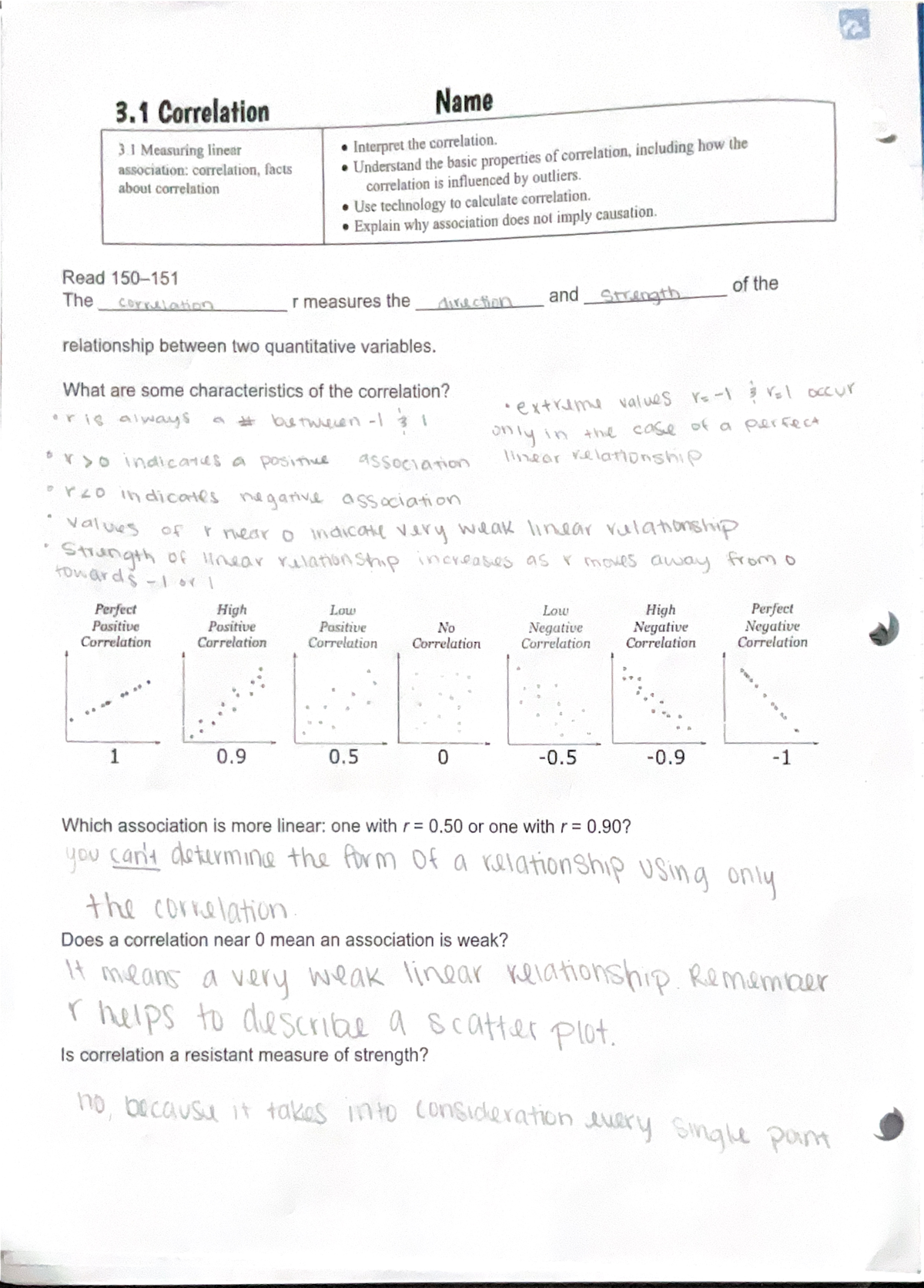 3.1 continued - Unit 3 notes - 3 Correlation Name 3 Measuring linear ...
