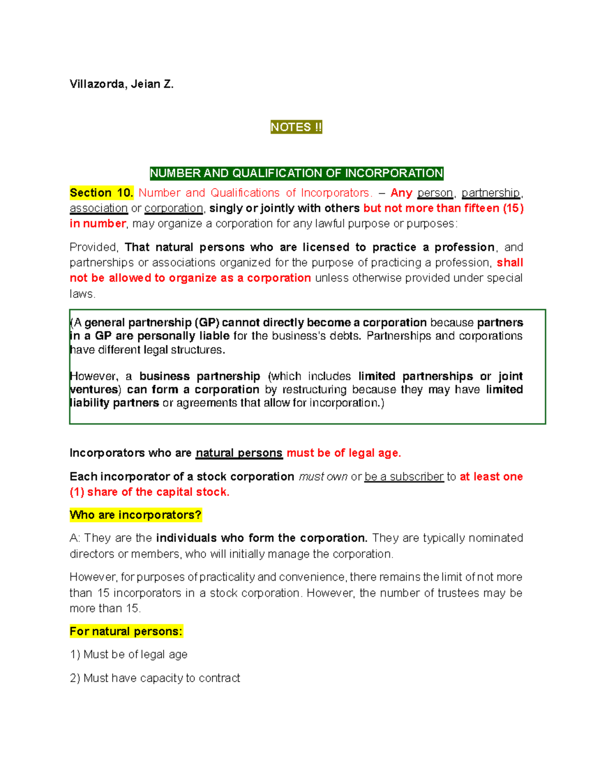 LAW 101: Incorporation Guidelines and Requirements Notes - Studocu