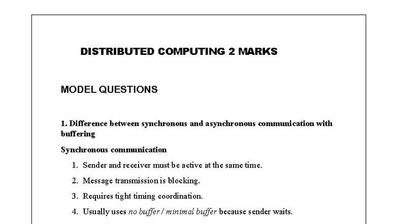DC 2 Marks Model Questions on Distributed Computing - Studocu