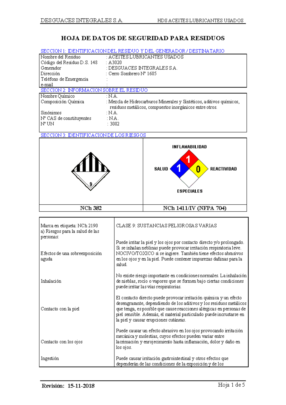HDMS MSDS - Aceite Lubricante Usado y Peligros Asociados - Document Preview