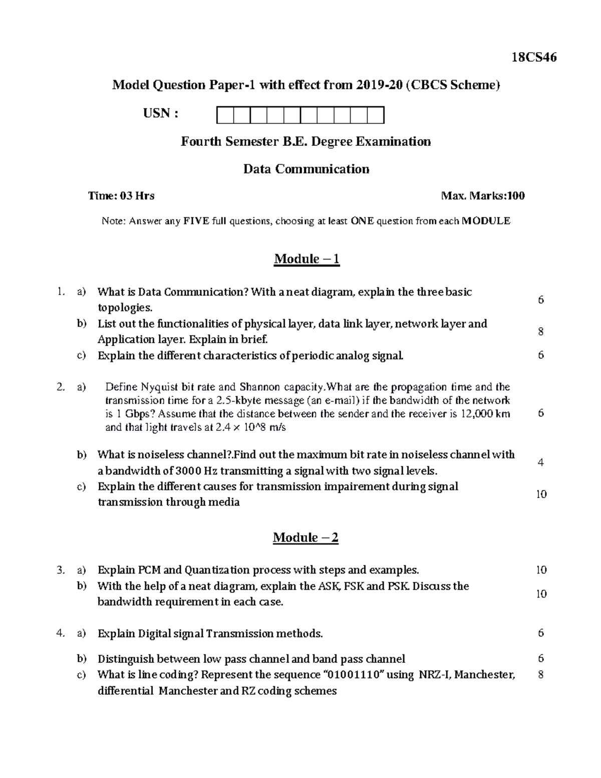 18CS462 - Data Communication Model Question Paper for 4th Sem BE - Studocu