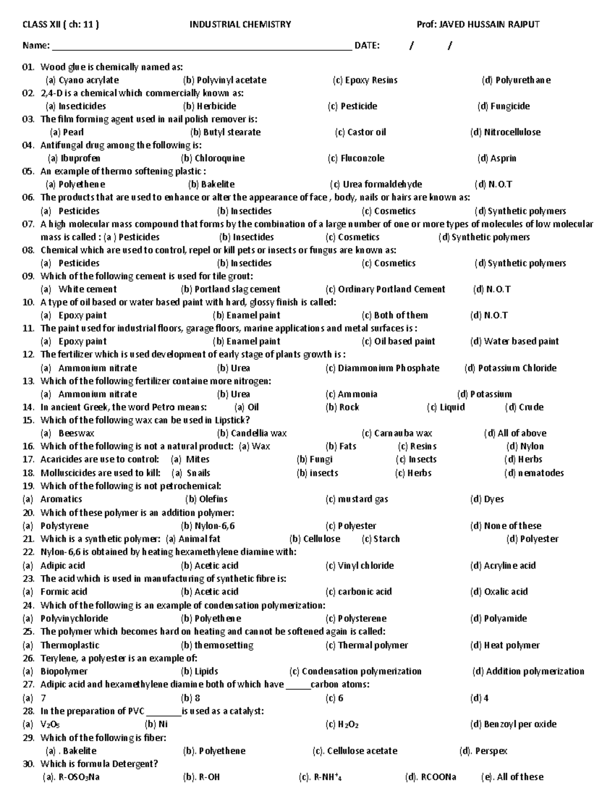 Class XII CH 11 - Industrial Chemistry Quiz Questions and Answers - Studocu