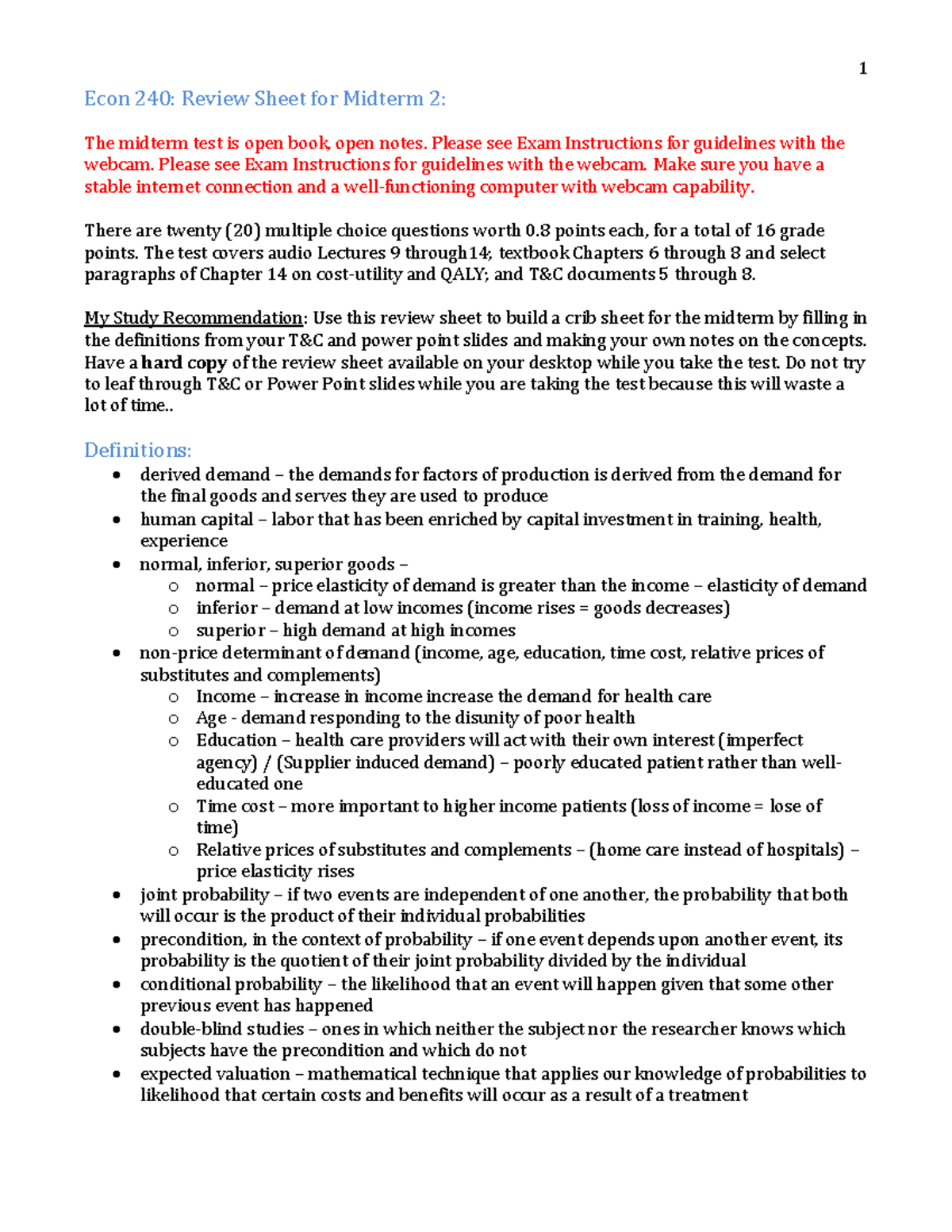 Econ 240 - Midterm 2 Review Notes and Study Guidelines - Studocu