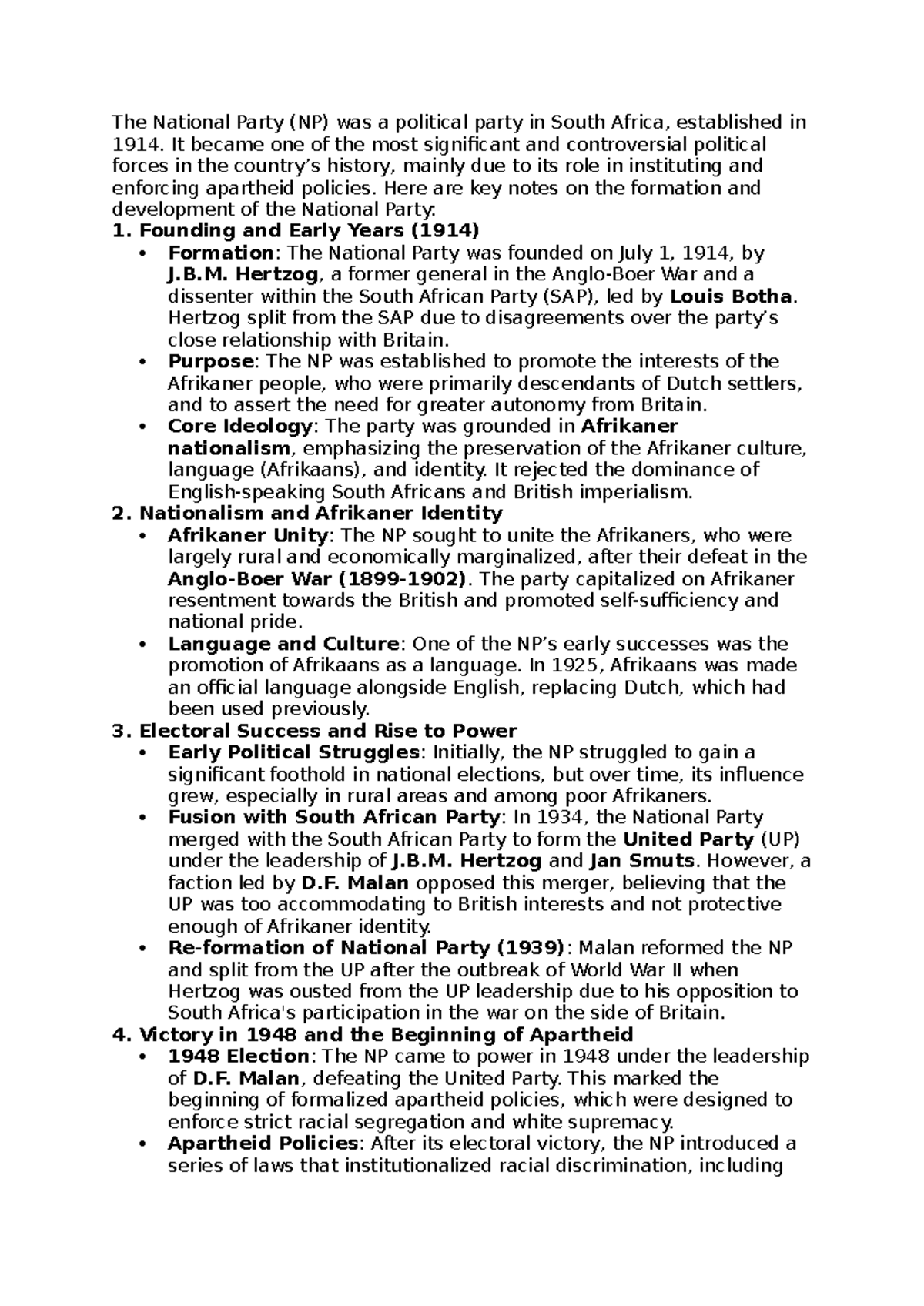 NP Historical Overview: Formation, Rise, and Apartheid Policies - Studocu