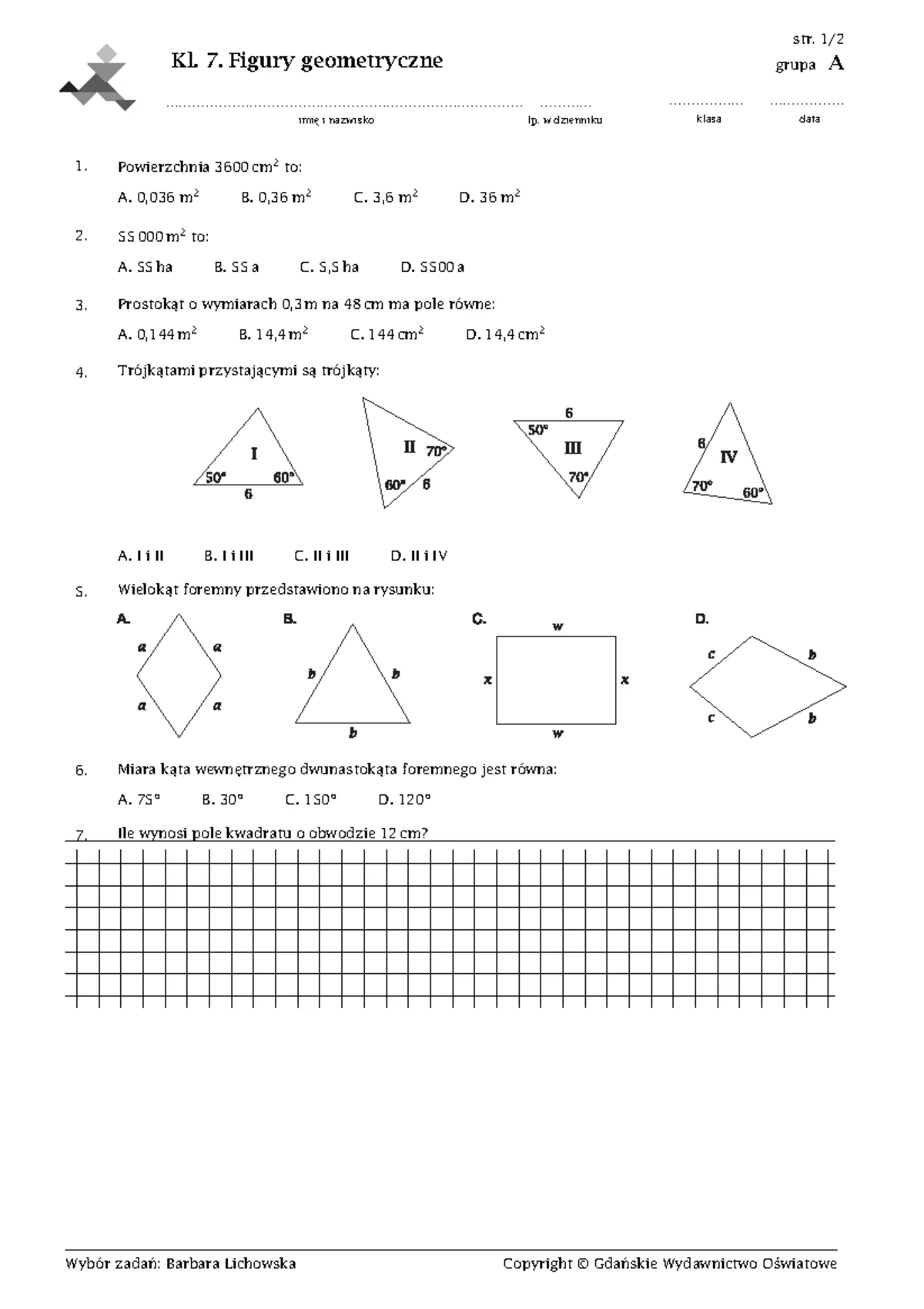 Sprawdzian 1 Gimnazjum Gwo Figury Geometryczne