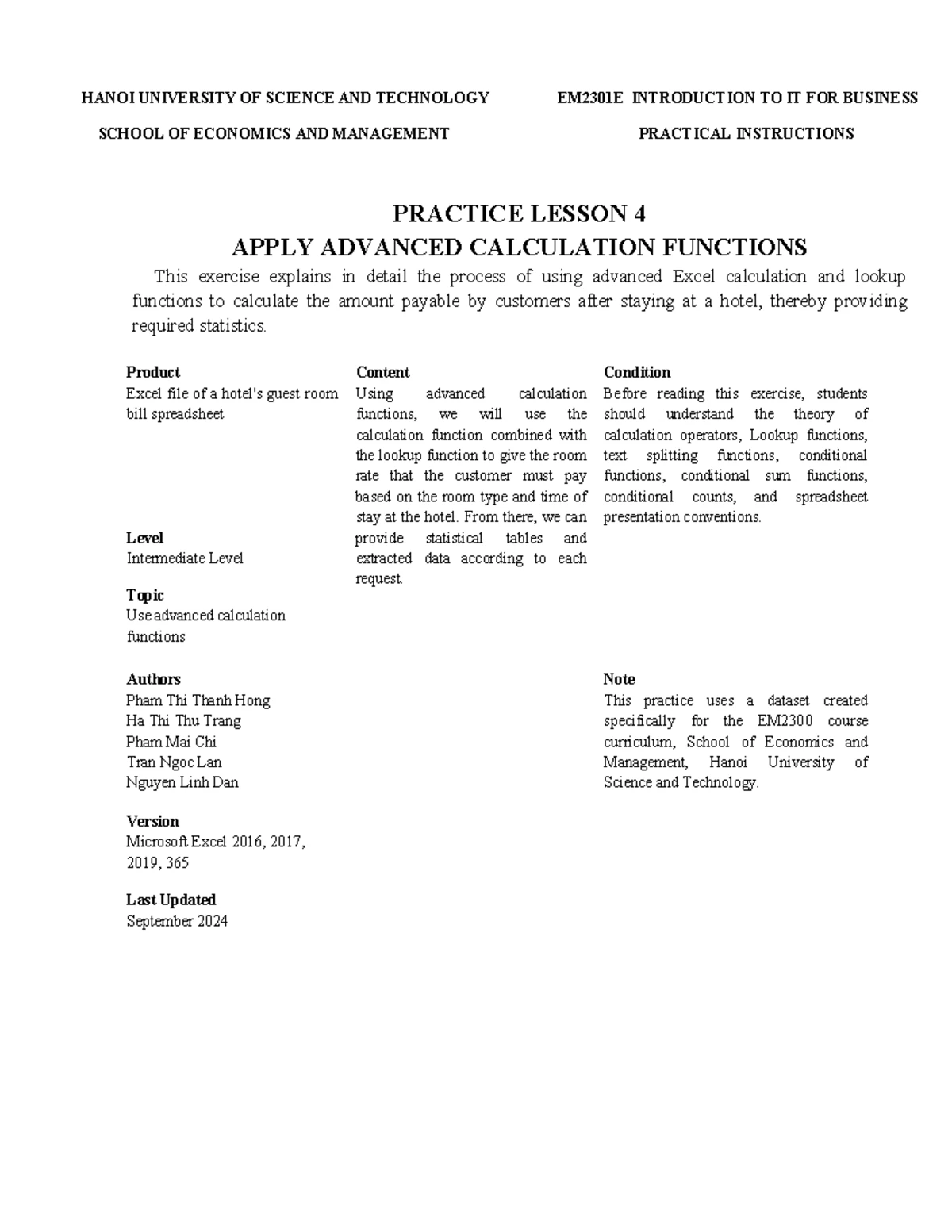 EM2301E Practical Class 3: Basic Excel Functions for Business ...