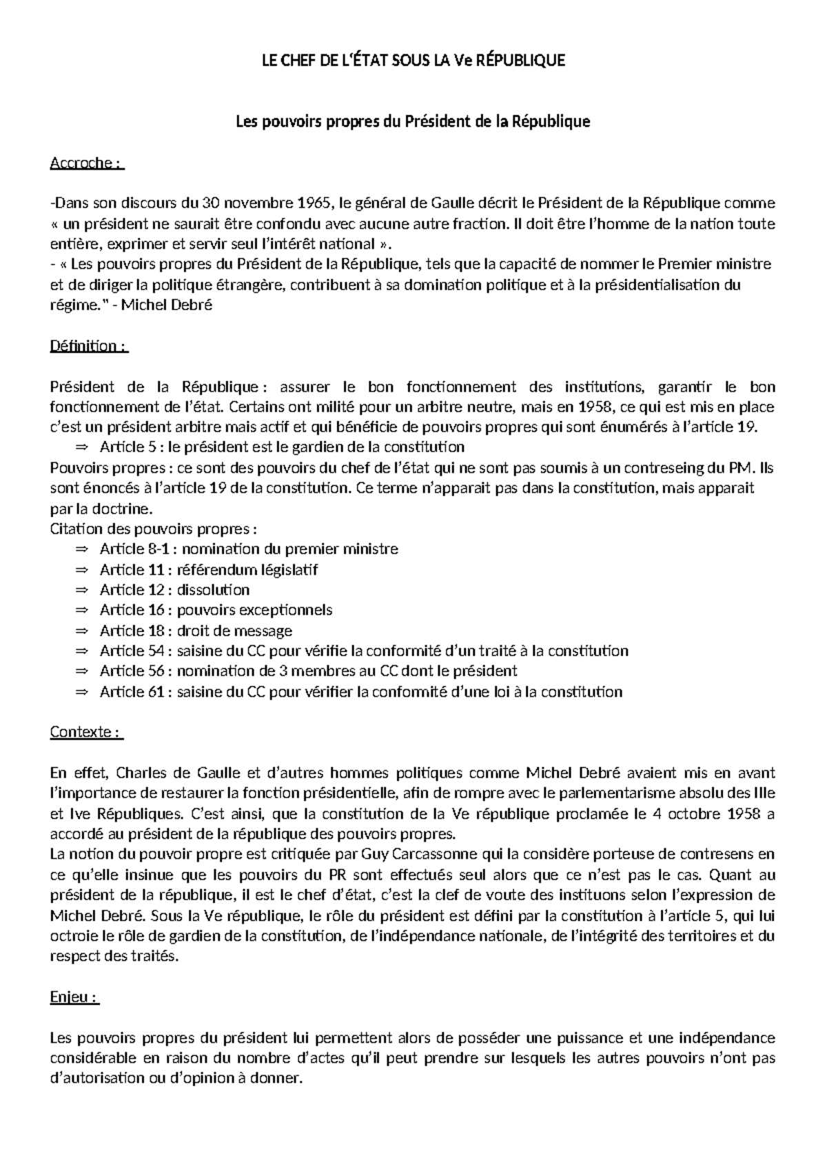 Le président de la République - LE CHEF DE L‘ÉTAT SOUS LA Ve RÉPUBLIQUE ...