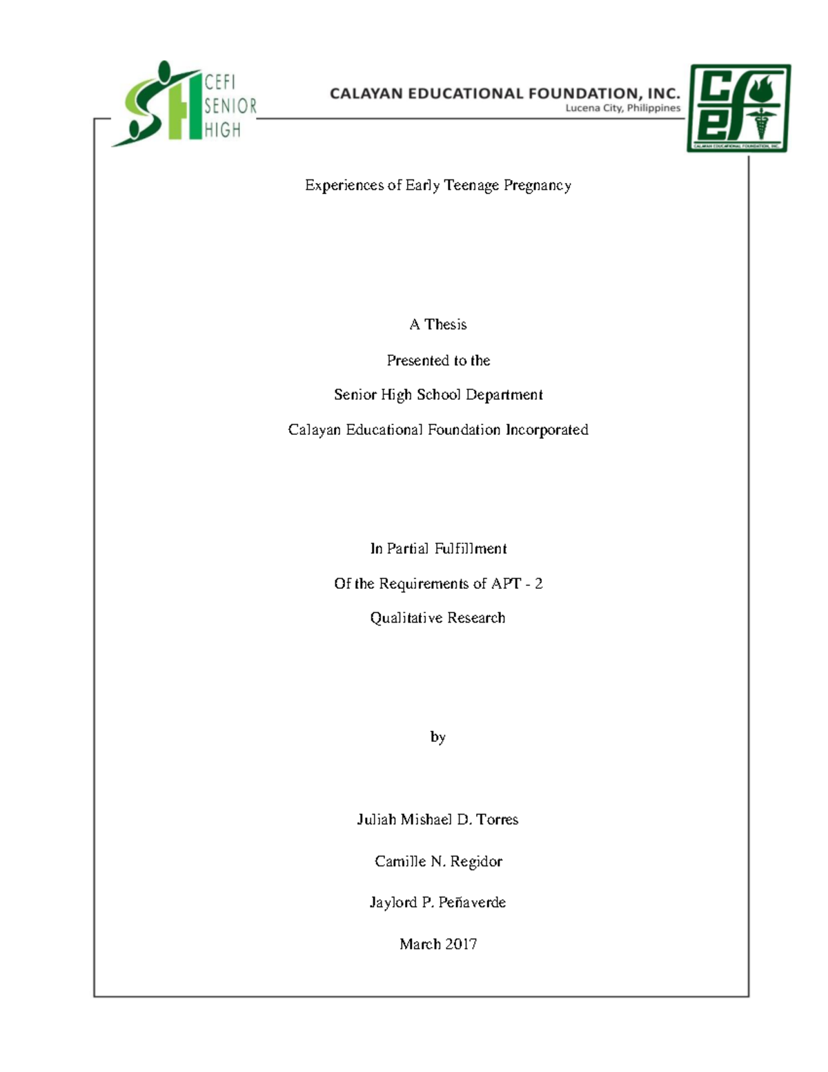 APT-2 Qualitative Research: Experiences of Early Teenage Pregnancy ...