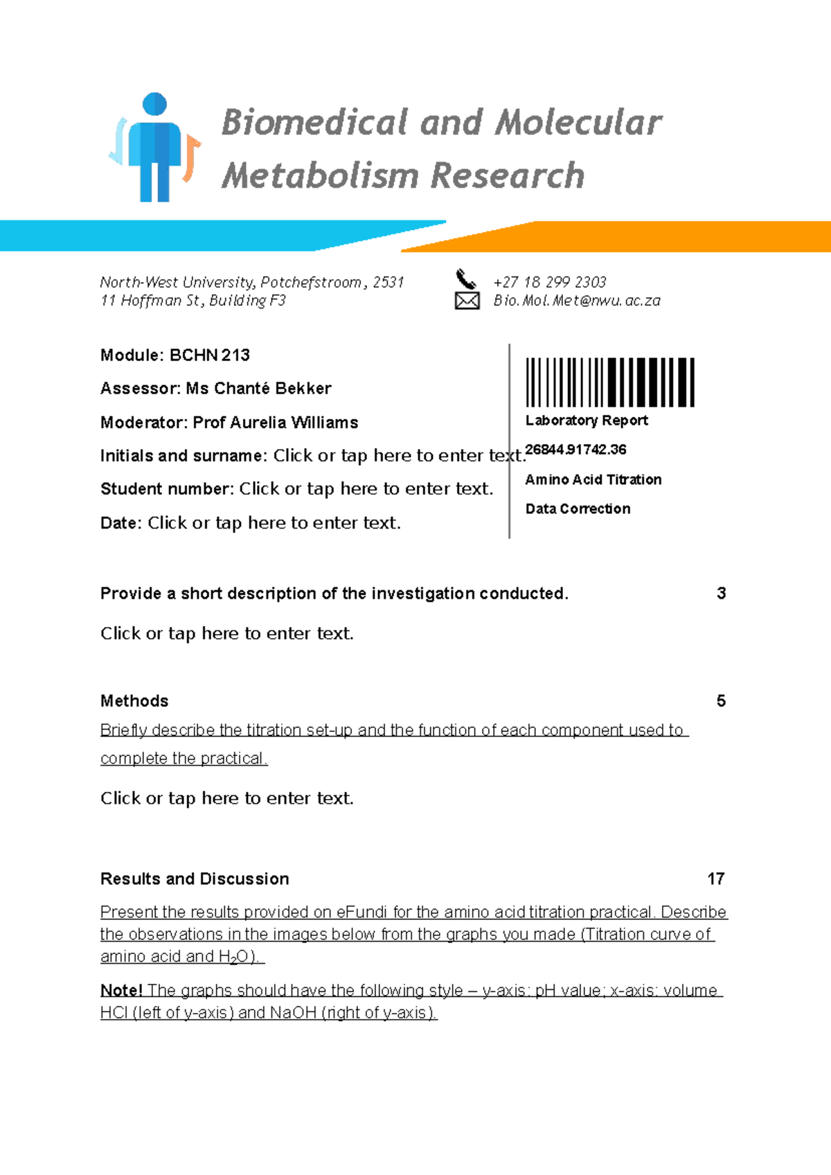 BCHN 213 - Amino Acid Titration Practical Report Template - Studocu