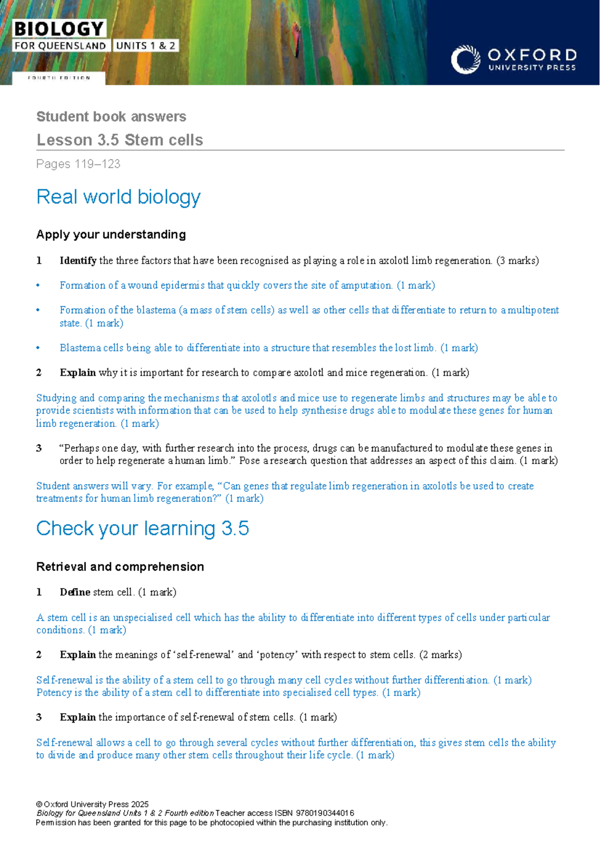 BIO 1 2 QLD Lesson 3.5 Stem Cells - Practice Answers - Studocu