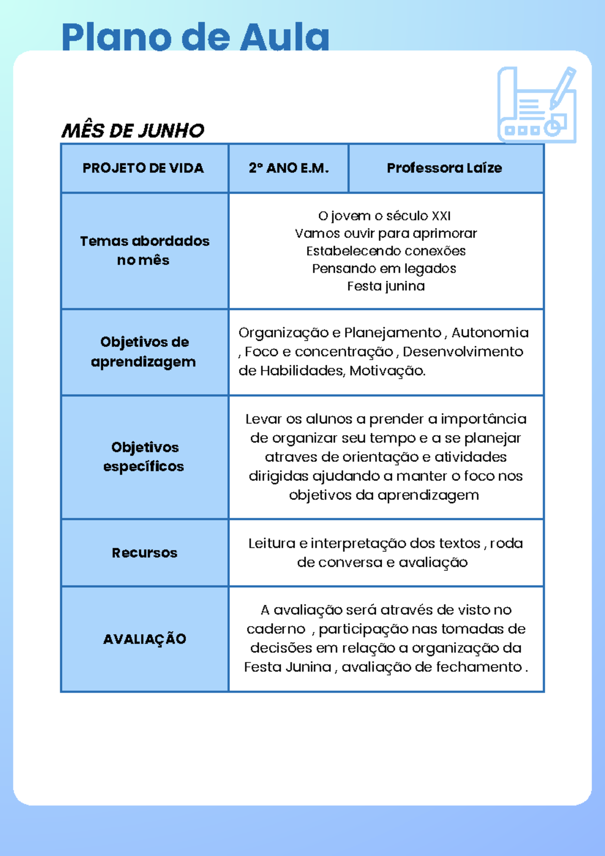 Plano de Aula: Projeto de Vida - 2º Ano E.M. (Junho) - Studocu