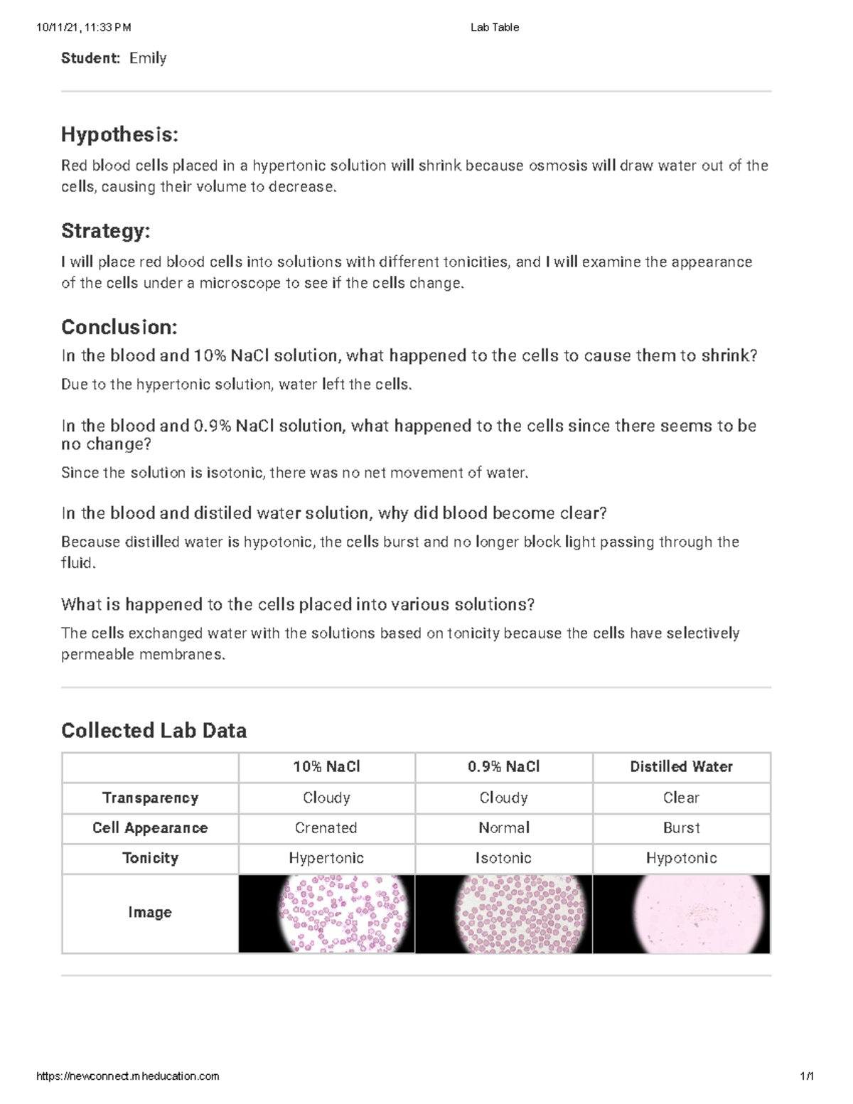 Lab 5: Tonicity Effects on Red Blood Cells - Virtual Lab Report - Studocu