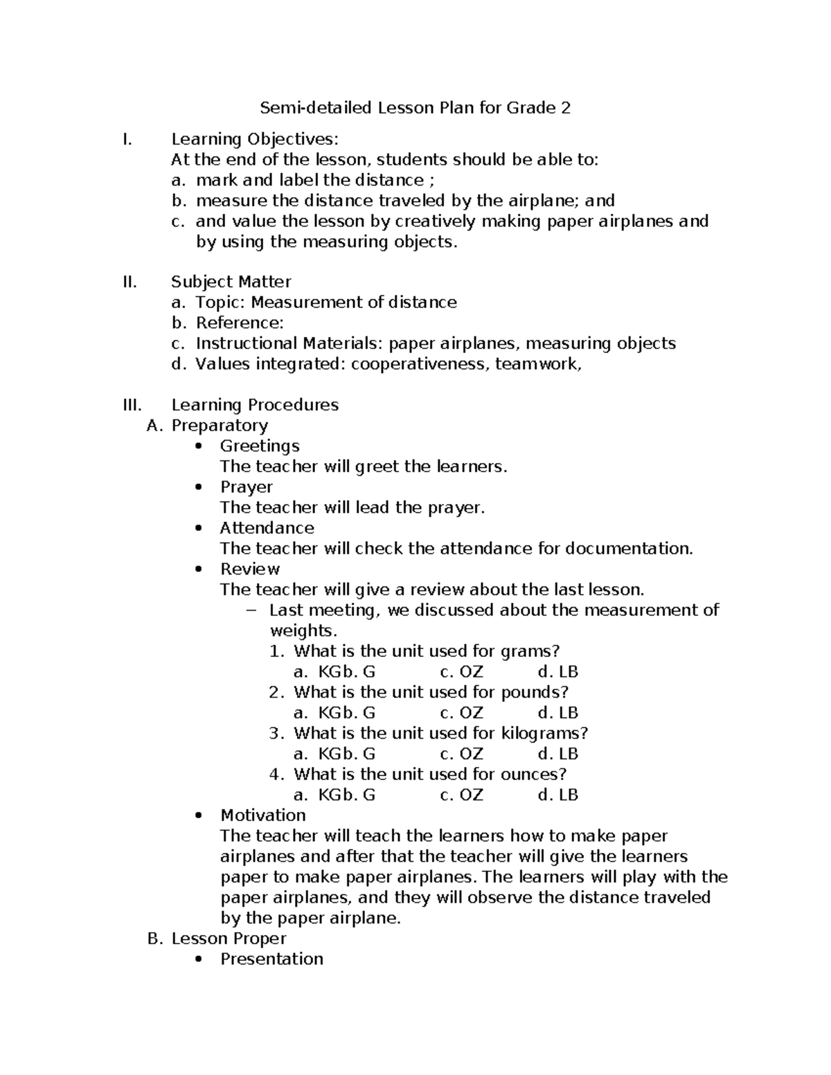 Grade 2 Lesson Plan: Measuring Distance with Paper Airplanes - Studocu