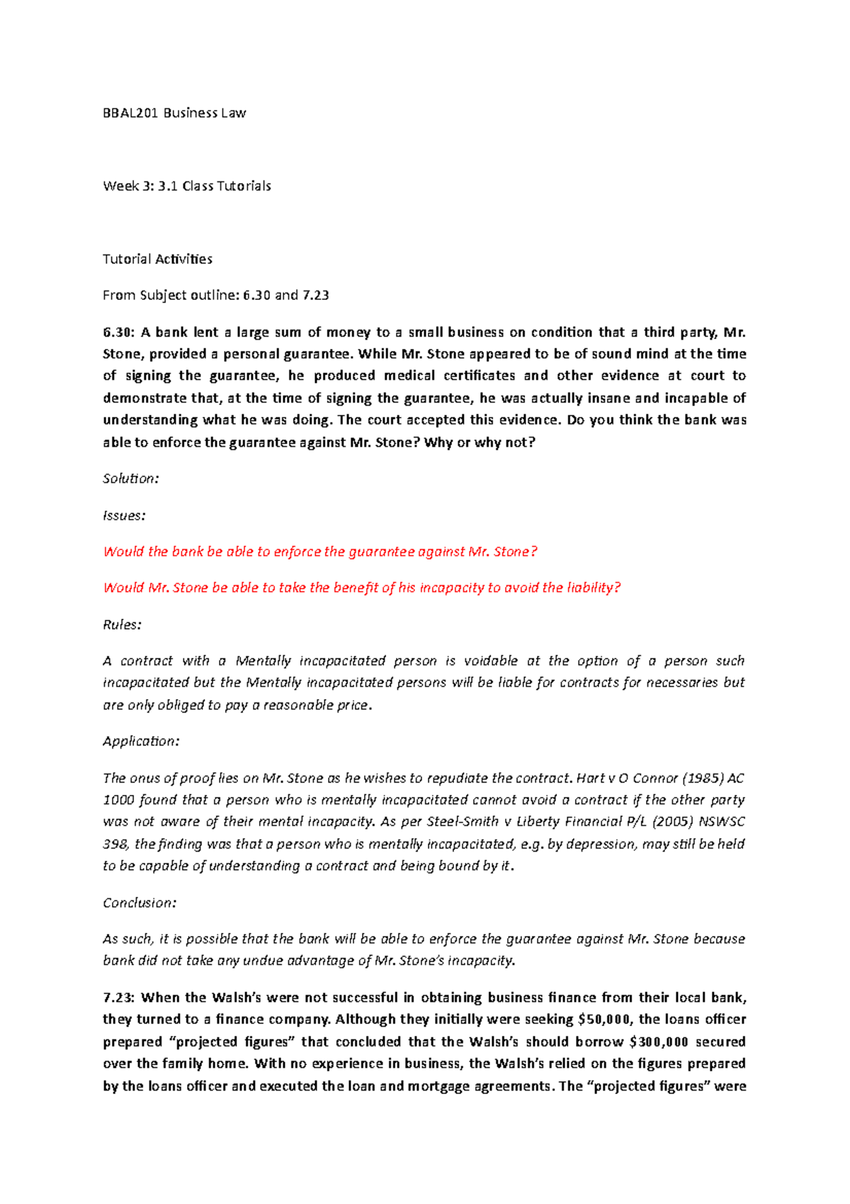 BBAL201 Business Law Week 3 Tutorial Solutions and Multiple Choice Qs ...