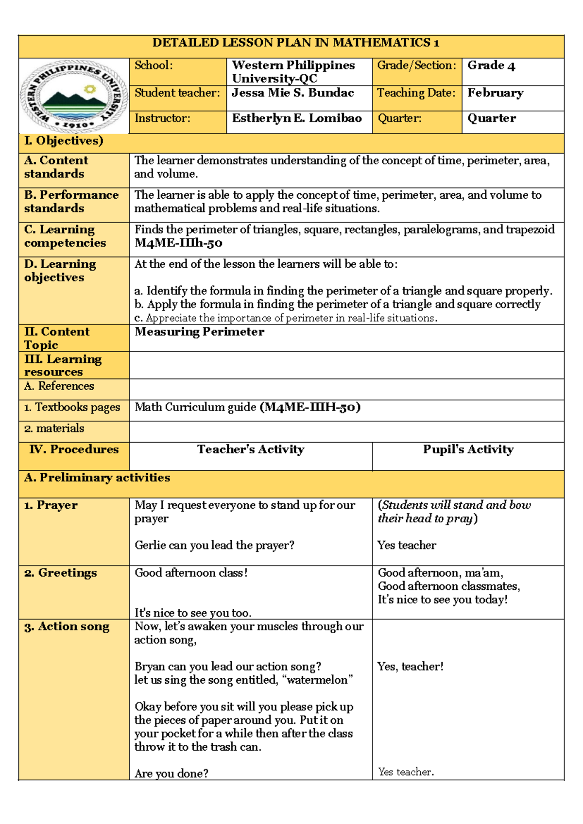 DETAILED LESSON PLAN IN MATH 1: PERIMETER FOR GRADE 4 (EPP4IE-0D-7 ...