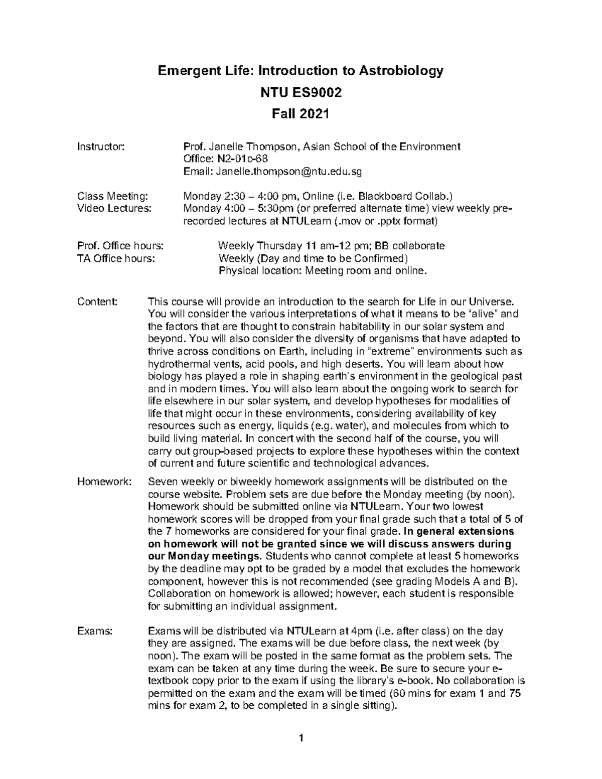 ES9002 Emergent Life: Intro to Astrobiology Syllabus Fall 2021 - Studocu
