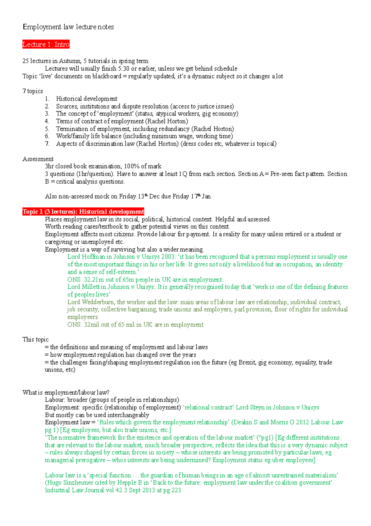 Employment Law Lecture Notes: Key Topics and Assessment Overview - Studocu
