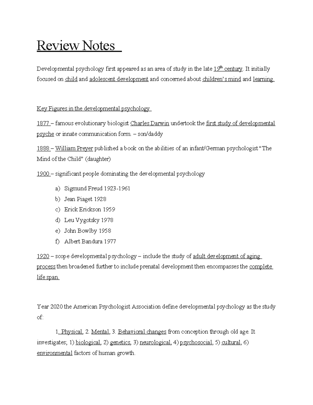 Developmental Psychology Review Notes (PSY 101) - Studocu