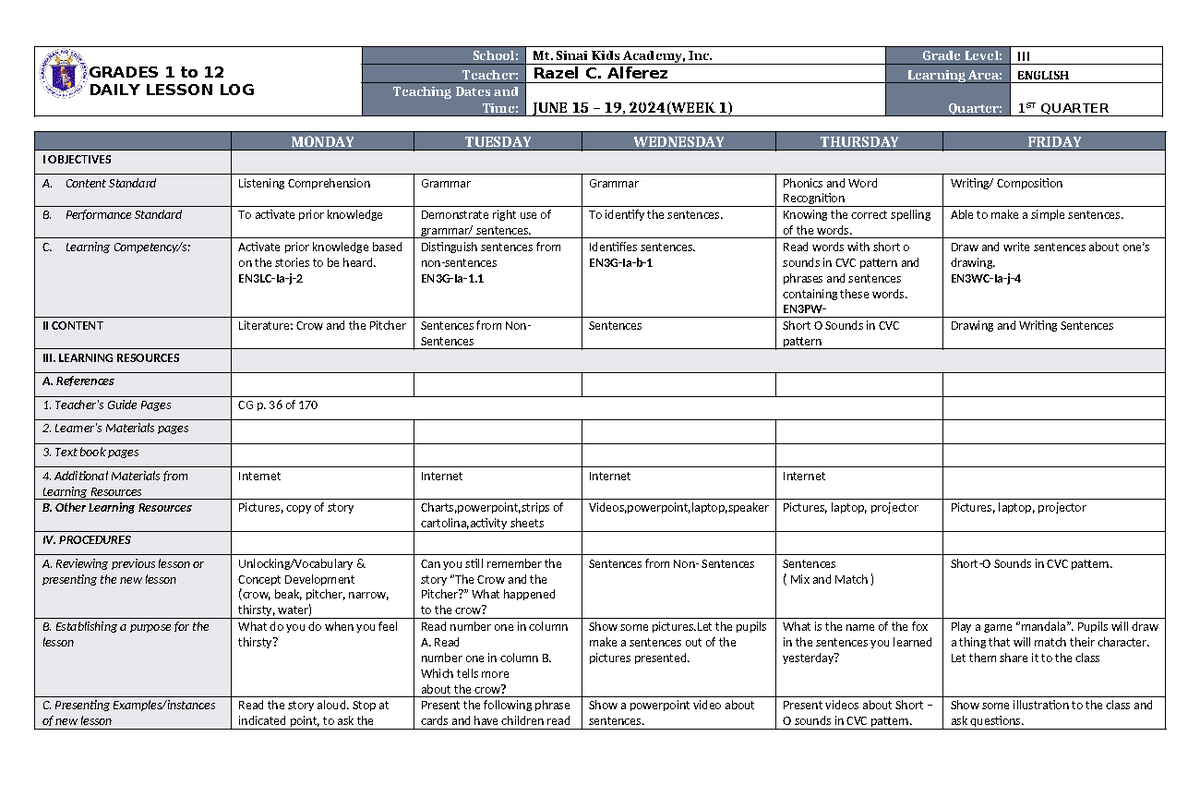 DLL English 3 Q1 W1 - Daily Lesson Log and Learning Activities - Studocu
