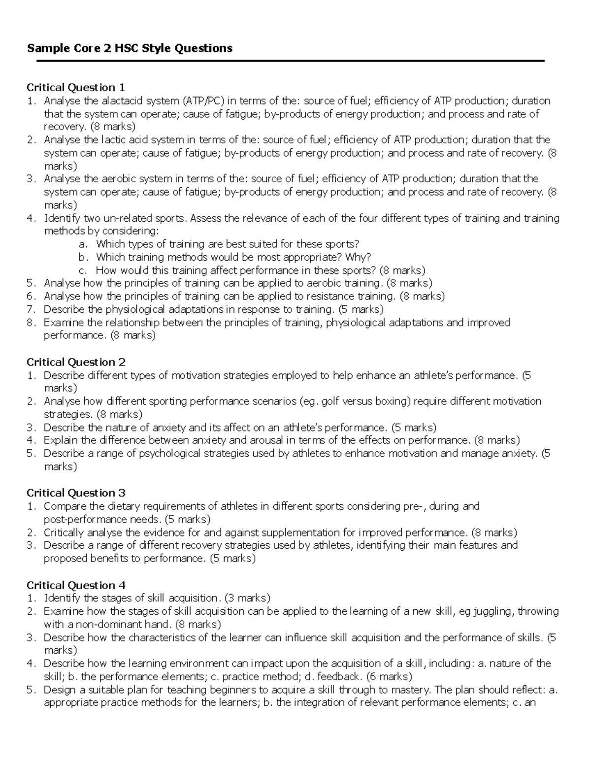 Sample Core 2 HSC Style Questions on Energy Systems and Training - Studocu