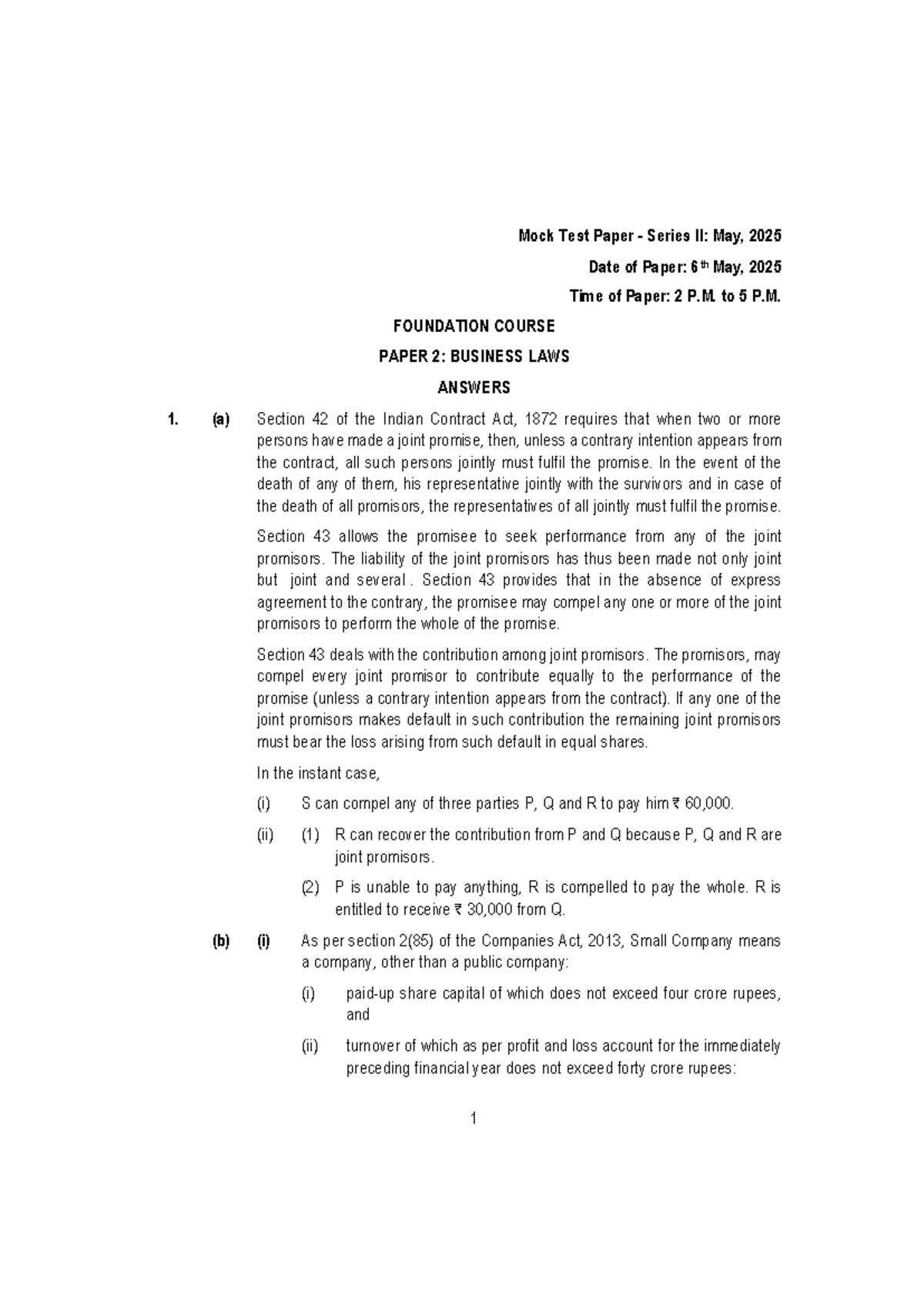 Mock Test Paper Series II: Business Laws - May 2025 Answers - Studocu