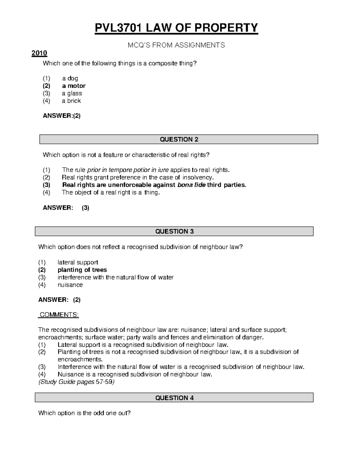 PVL3701 MCQs on Law of Property - Assignments Review and Answers - Studocu