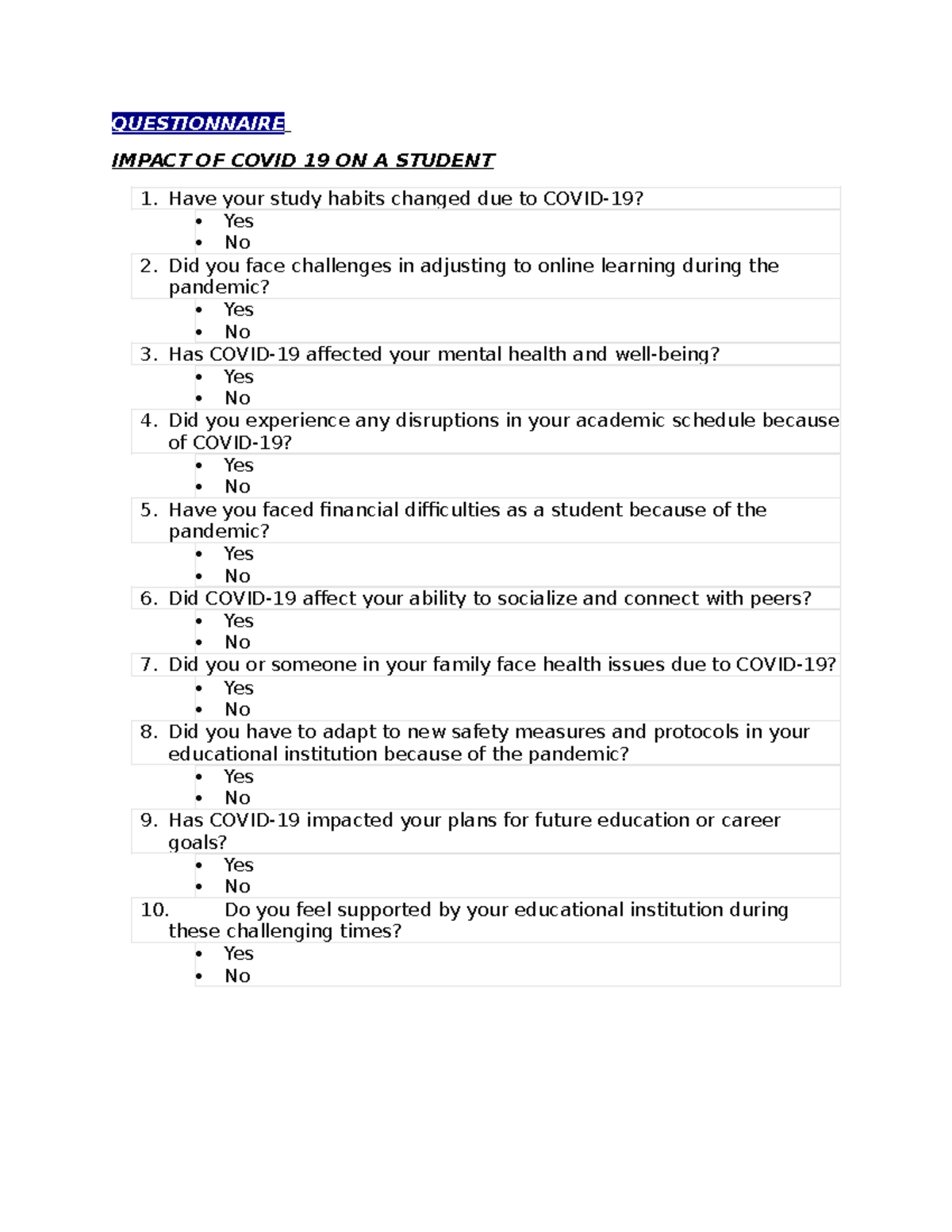 Sec344 - Questionnaire on COVID-19 Impact on Students - Studocu
