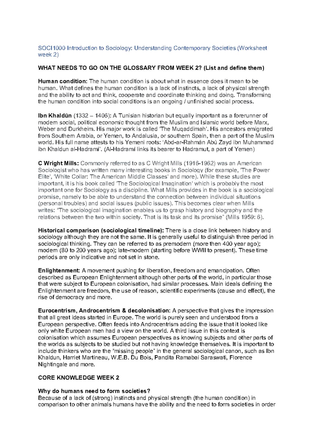 Sociology 101: Week 2 Glossary Terms and Definitions Worksheet - Studocu
