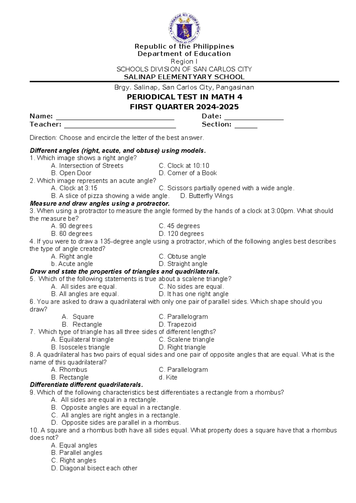 MATH 4 PERIODICAL TEST - 1ST QUARTER EXAM - Studocu