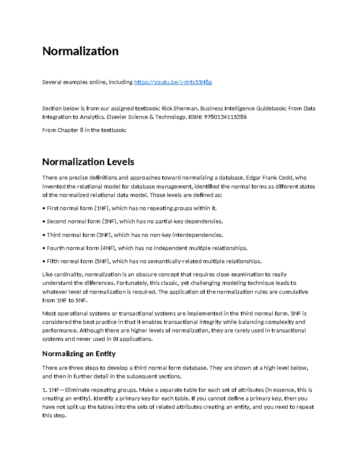 Normalization from chapter 8 of business intelligence guidebook - Studocu