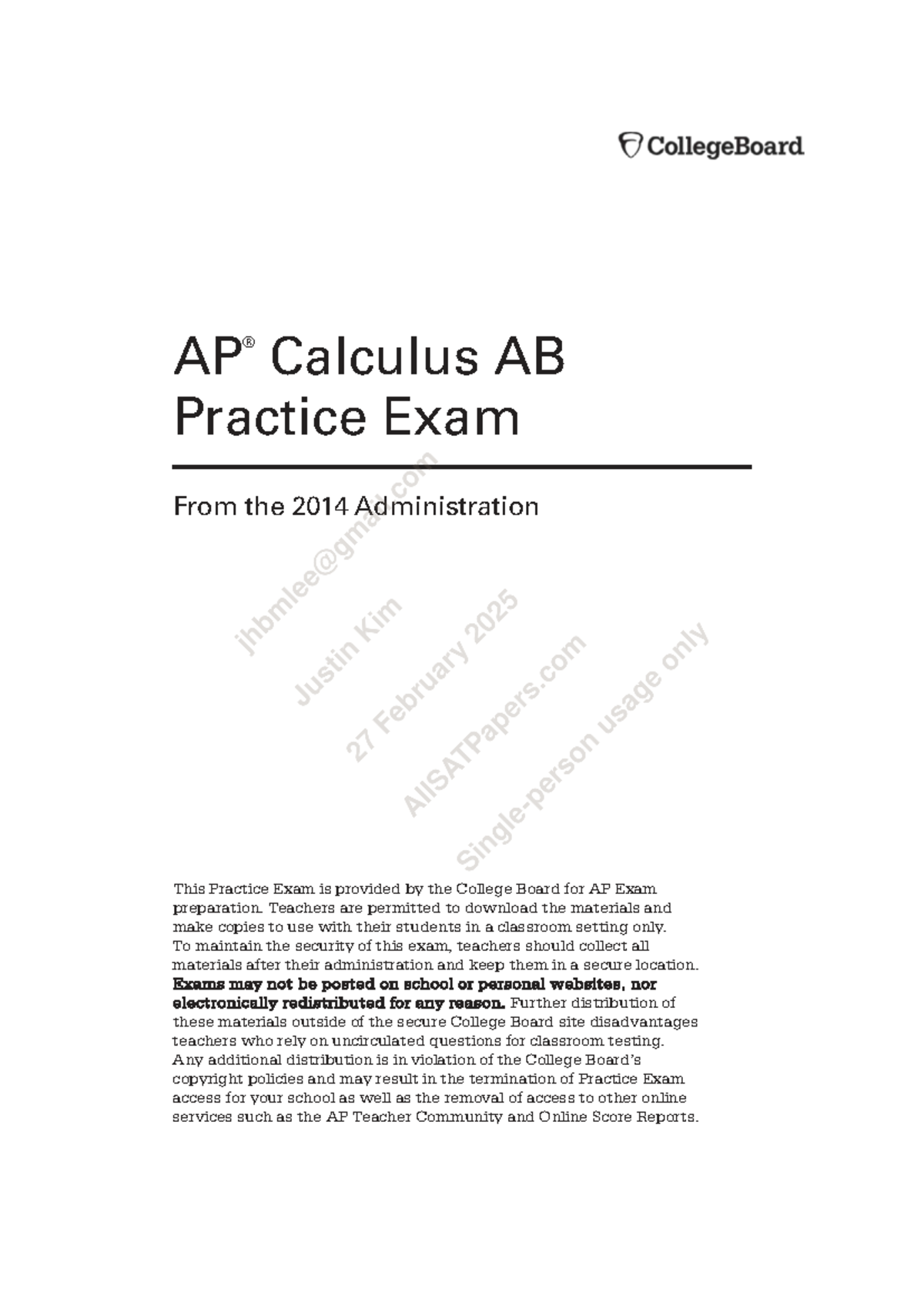 AP Calculus AB Practice Exam Instructions (2014 Admin) - Studocu