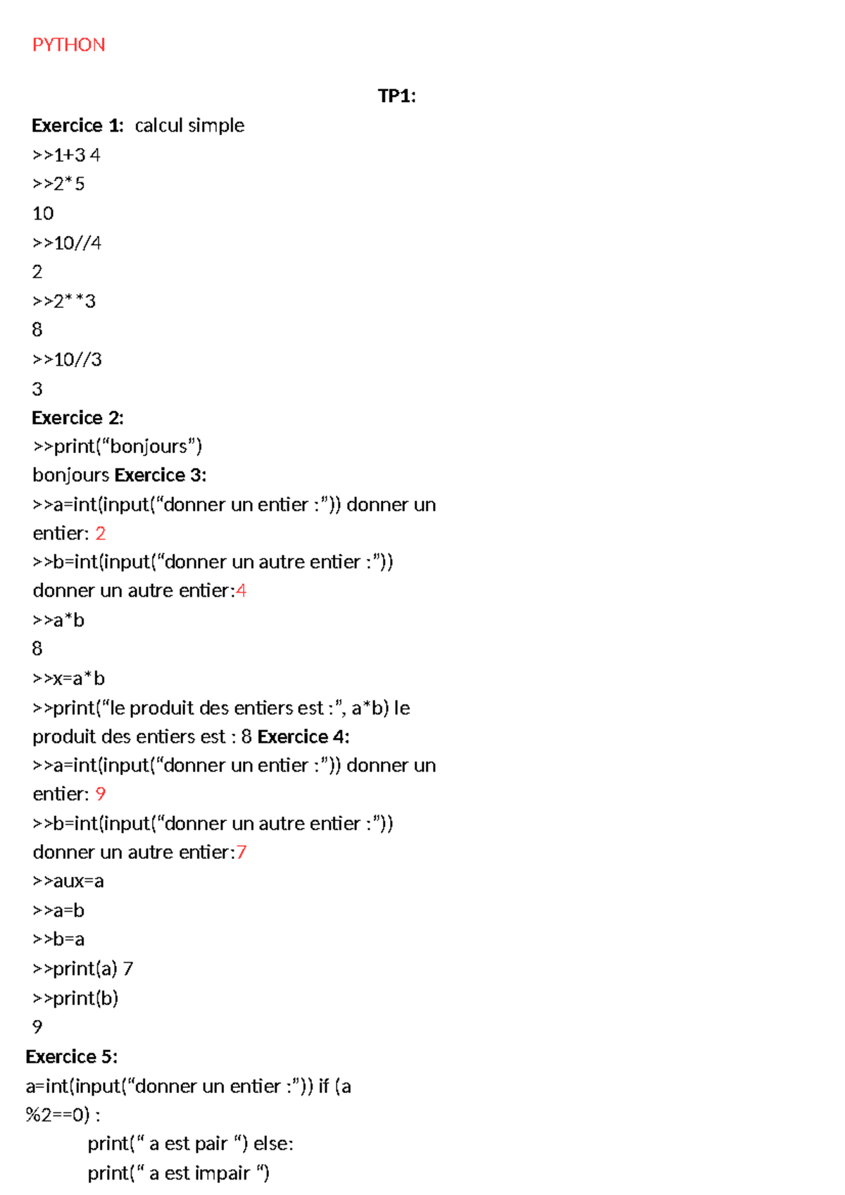PYTHON TP1: Exercices de Calculs Simples et Logique - Studocu