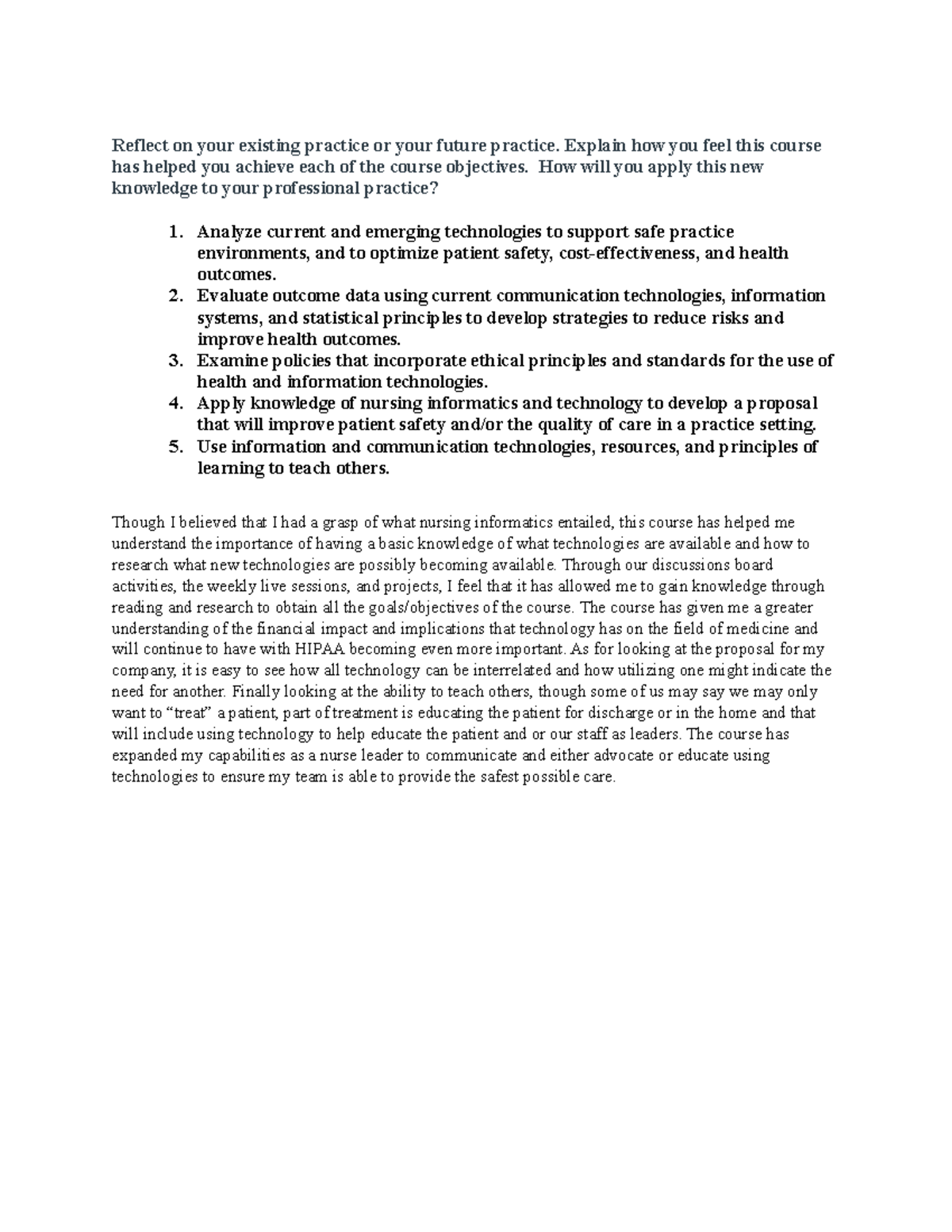 525 8 - Weekly Reflection on Nursing Informatics Learning Outcomes ...