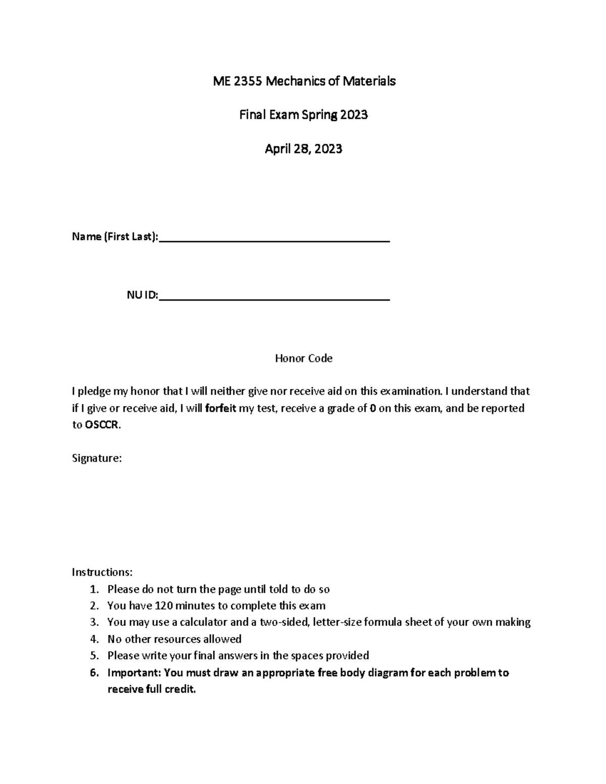 Final Exam ME 2355 - Mechanics of Materials - Spring 2023 - Studocu