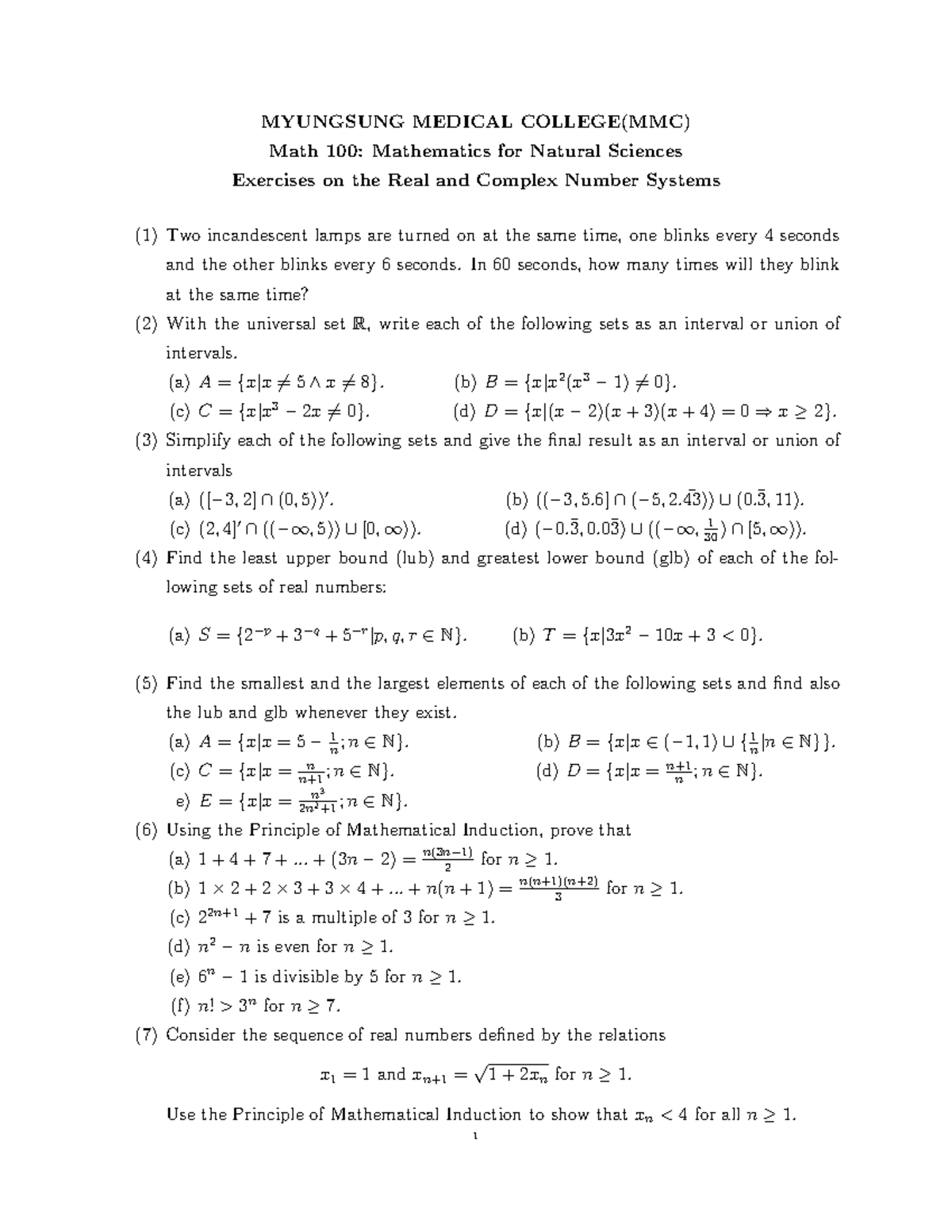 Math 100: Exercises on Real & Complex Number Systems Practice - Studocu