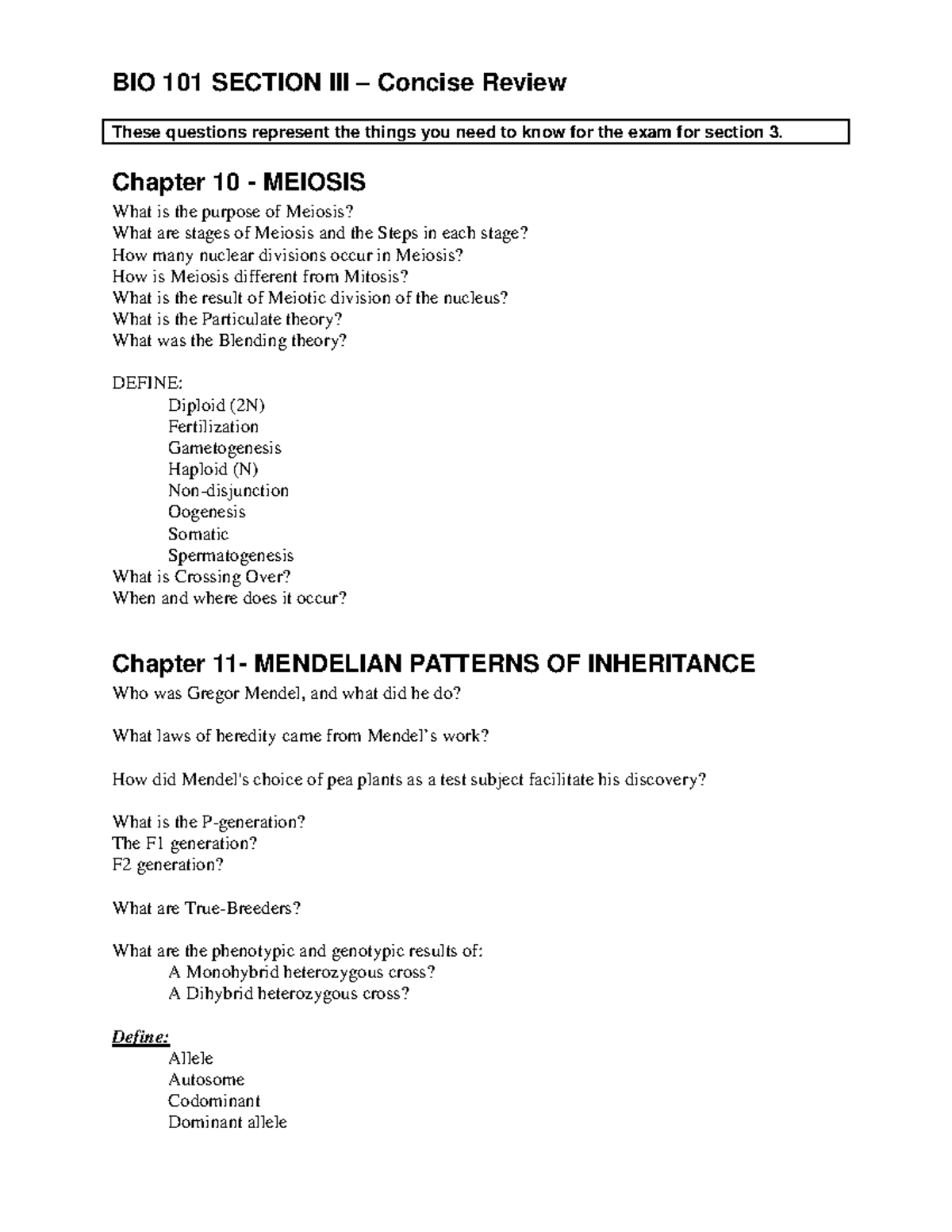 BIO 101 Section 3 Study Guide: Meiosis & Mendelian Inheritance Review ...