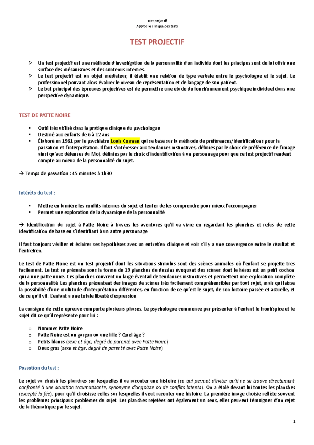 Test projectif - Notes de cours 4 - Approche clinique des tests TEST ...