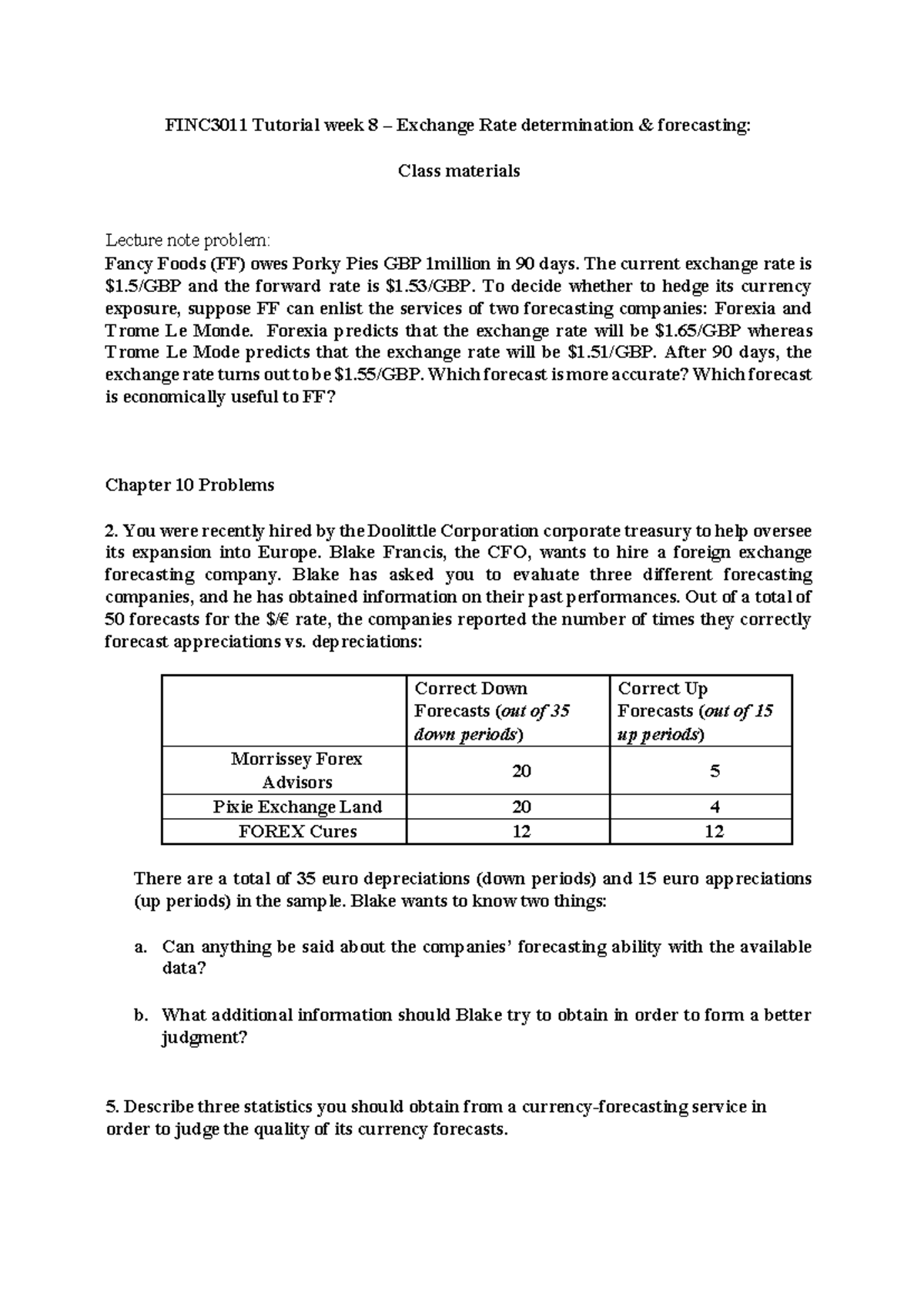 FINC3011 Tutorial Week 8: Exchange Rate Forecasting Analysis - Studocu
