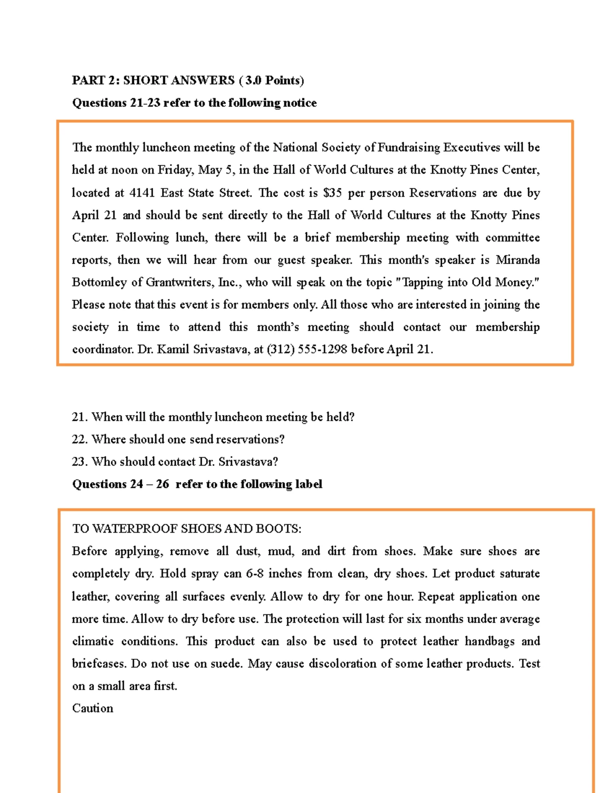 Reading Comprehension 1: Short Answer Questions (Room 4) - Studocu