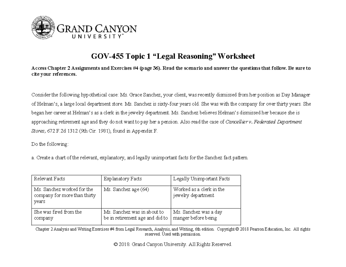Legal reasoining - GOV-455 Topic 1 “Legal Reasoning” Worksheet Access ...