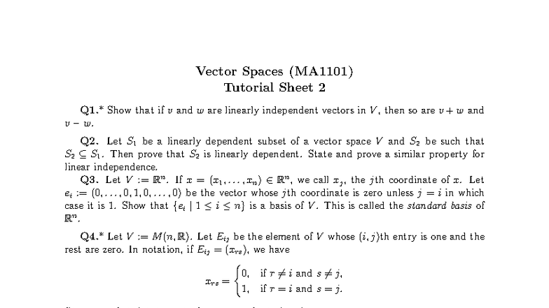 MA1101 Vector Spaces Tutorial Sheet 2: Linear Independence & Basis ...