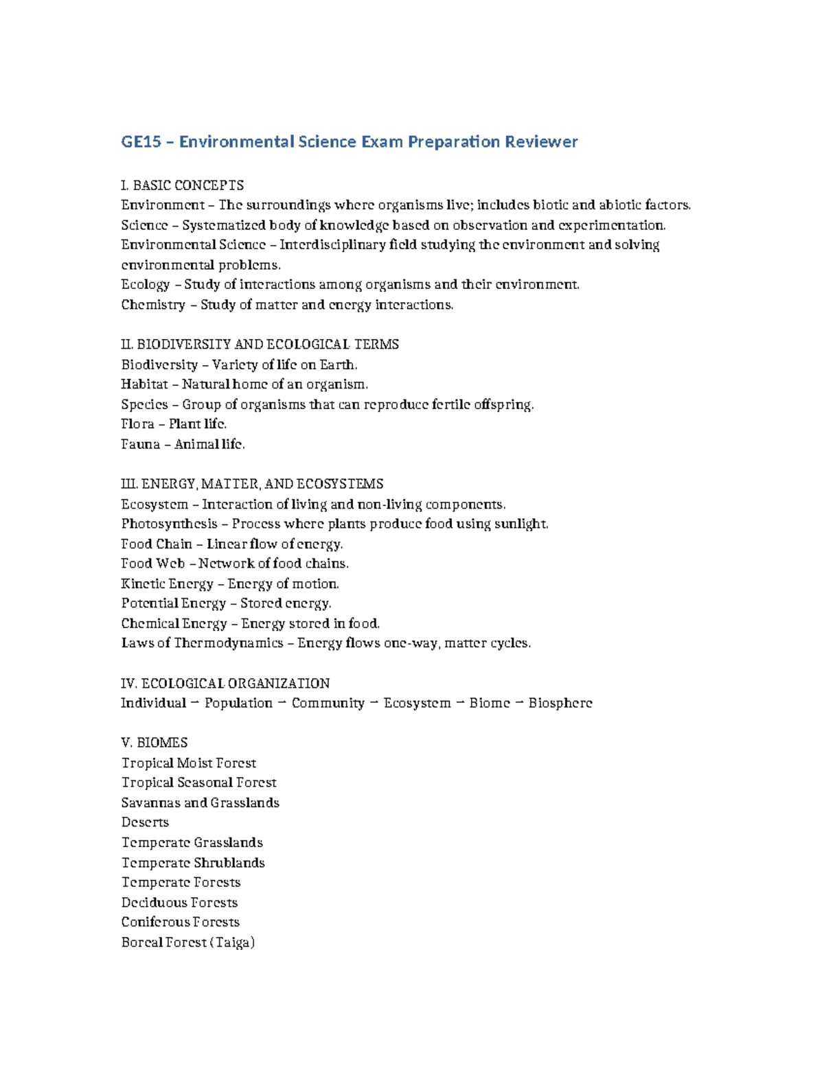 GE15 Environmental Science Exam Prep: Key Concepts & Terms - Studocu