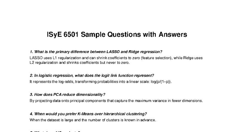 ISyE 6501 Sample Questions & Answers on Regression & PCA - Studocu