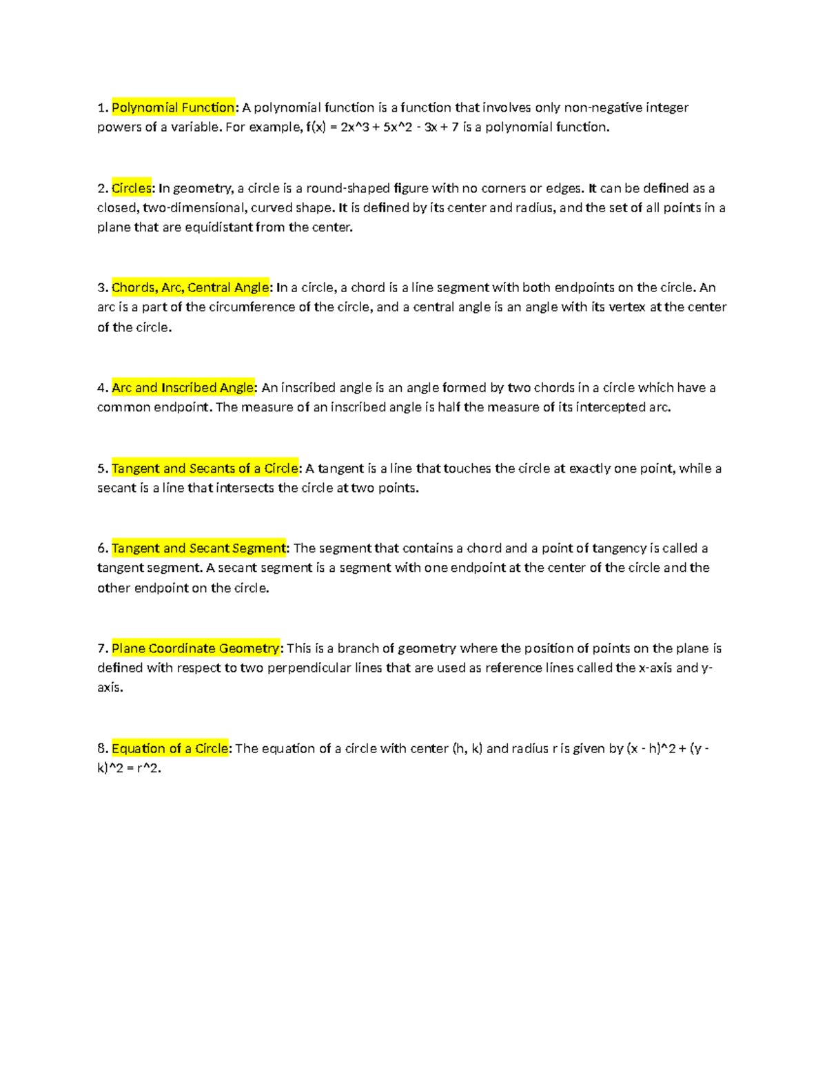 Math 101: Comprehensive Review of Polynomial Functions & Circles - Studocu